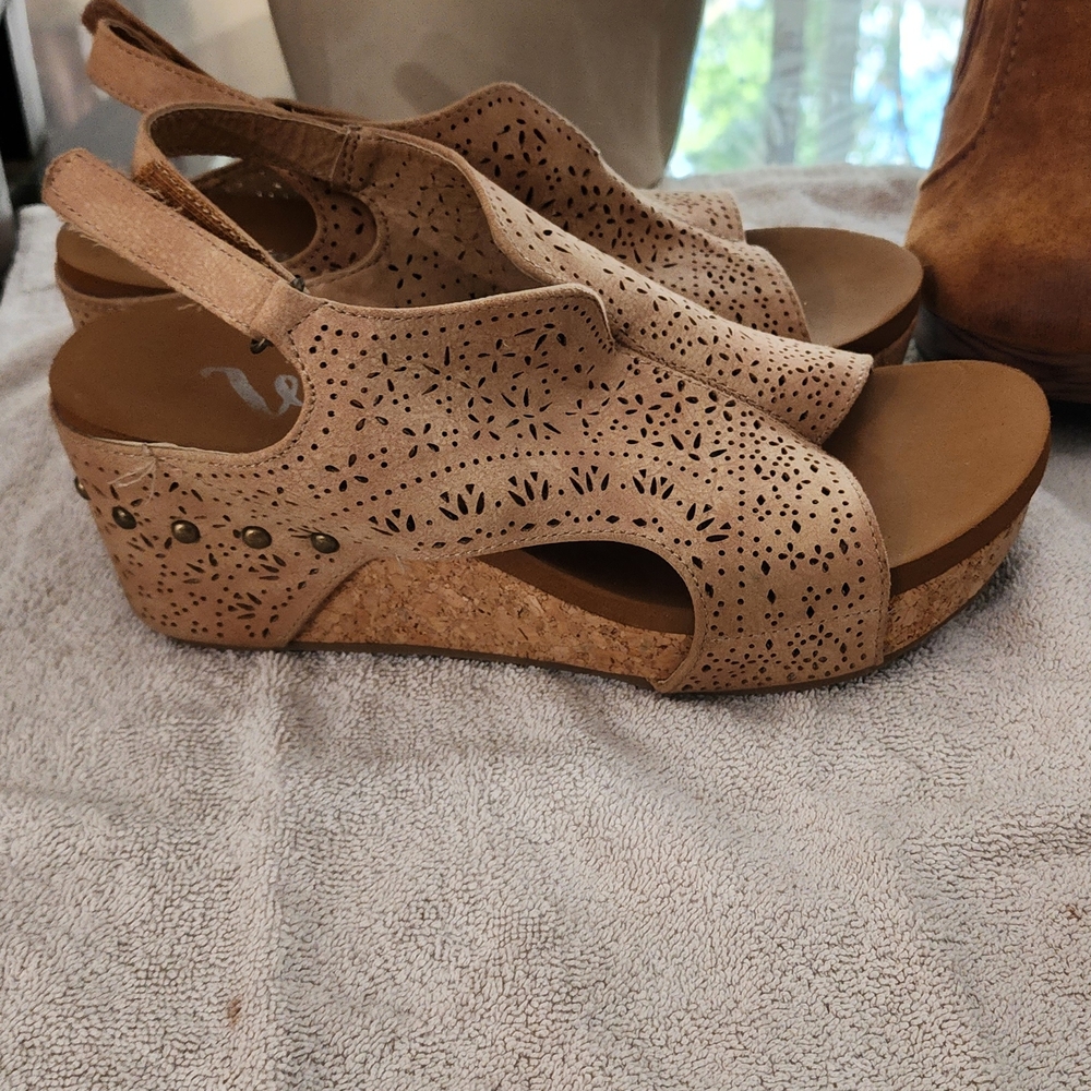 Very G Tan Perforated Wedge Sandals